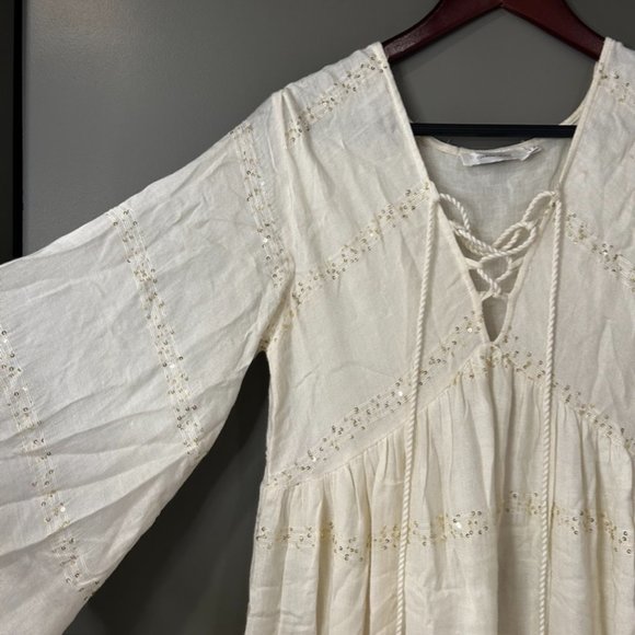 GOLD SILVER Ivory and Gold Sequins Maxi Beach Dress Plunging Neckline with Lace - Picture 5 of 8